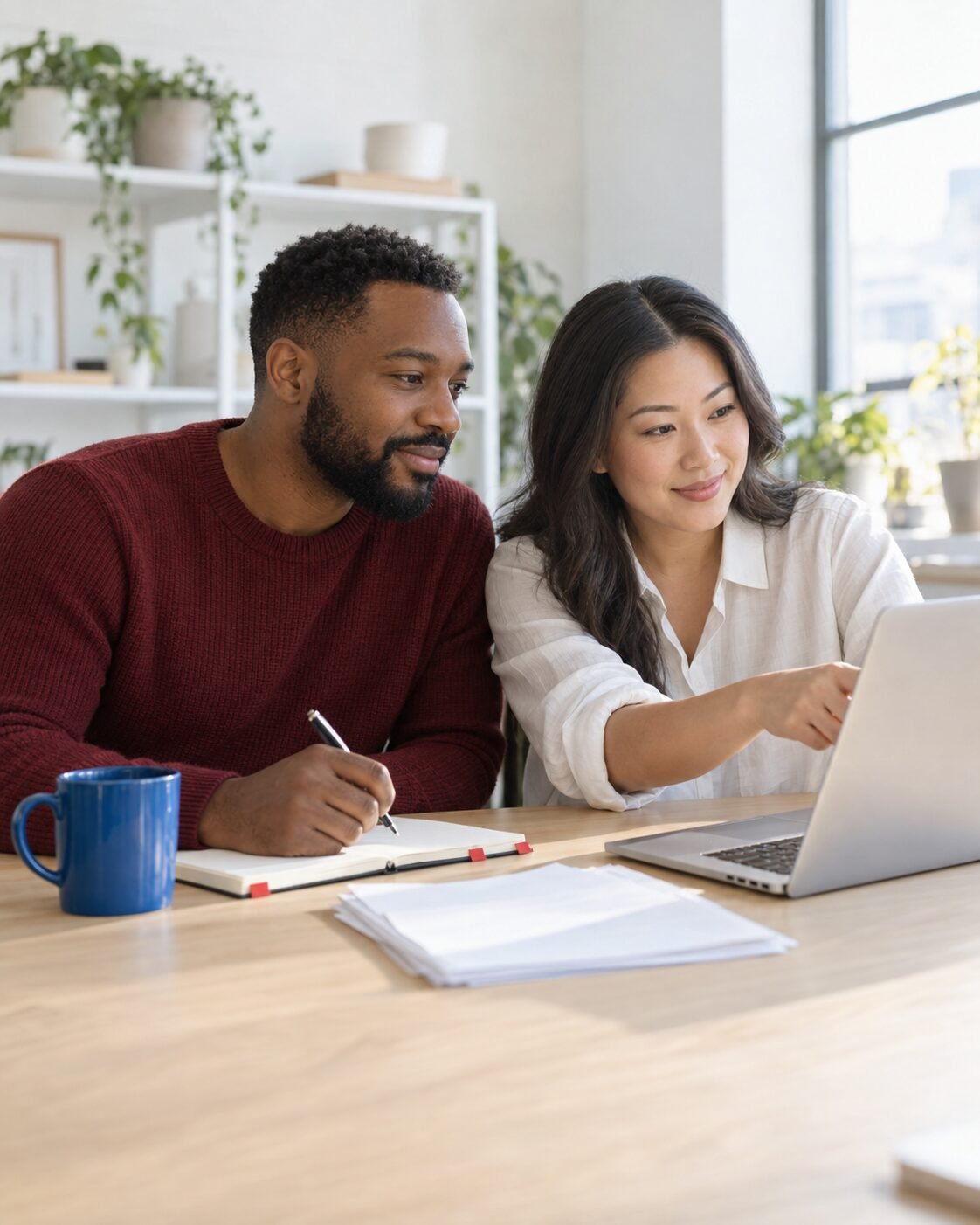 Two founders reviewing their business details together on a laptop